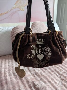 Juicy Couture Brown Velvet Shoulder Bag with Heart Charm